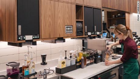 An example of the Siren System setup, where a barista doesn&#39;t have to bend down to get ingredients. 