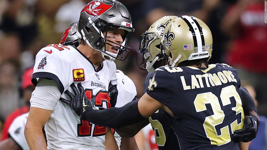 Tampa Bay Buccaneers quarterback Tom Brady and New Orleans Saints cornerback Marshon Lattimore get into an altercation during the second half of the Bucs&#39; chippy 20-10 win over the Saints. The win snapped Brady&#39;s personal seven-game losing streak against the Saints.