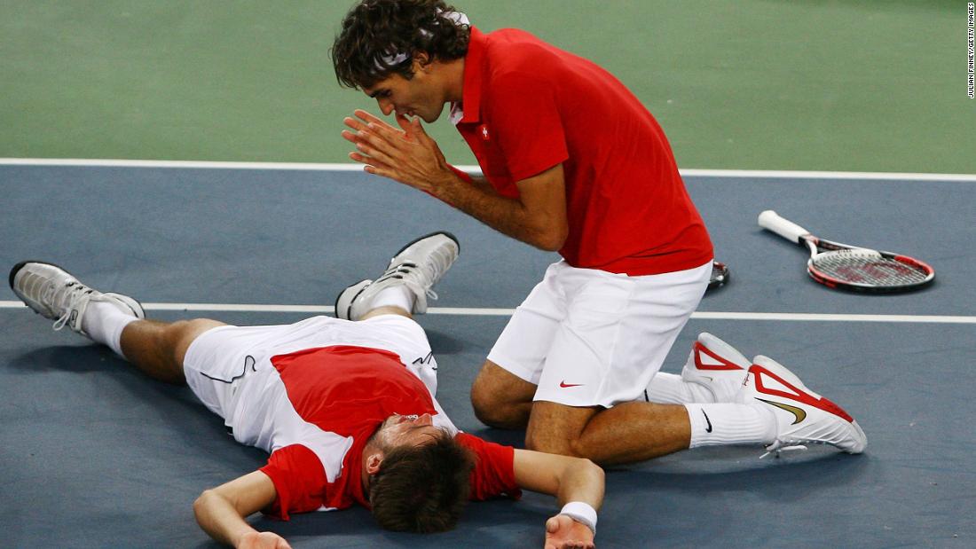 Federer and Stanislas Wawrinka celebrate after they won Olympic gold in doubles in 2008.