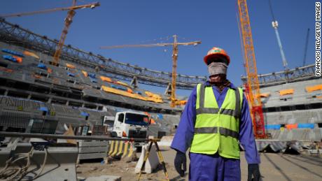 A worker is seen inside the Lusail Stadium during a stadium tour on December 20, 2019, in Doha, Qatar.