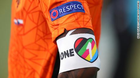 A detailed view of the &quot;OneLove&quot; armband worn by Holland&#39;s Georginio Wijnaldum during the UEFA Euro 2020 Championship round of 16 match against the Czech Republic at the Puskas Arena on June 27, 2021 in Budapest, Hungary. 