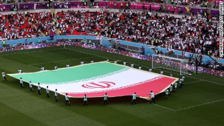A giant flag of IR Iran on the pitch prior to the FIFA World Cup Qatar 2022 Group B match between Wales and Iran at Ahmad Bin Ali Stadium on November 25, 2022 in Doha, Qatar. 