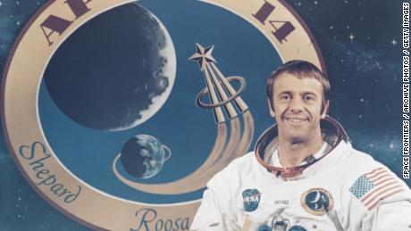 American astronaut Alan Bartlett Shepard Jr (1923 - 1998), Commander of NASA&#39;s upcoming Apollo 14 lunar landing mission, with the mission&#39;s insignia behind him at the Kennedy Space Center in Florida, 14th November 1970. (Photo by Space Frontiers/Getty Images)
