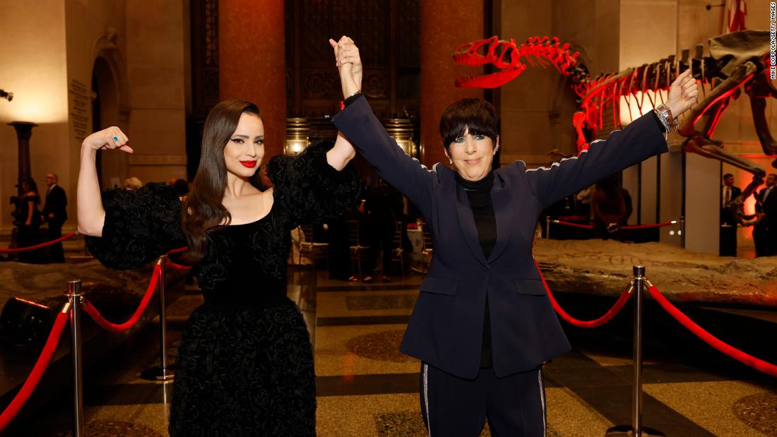 Sofia Carson and songwriter Diane Warren pose at the American Museum of Natural History. Carson performed an original song written by Warren -- &quot;Applause,&quot; from the independent film &quot;Tell It Like a Woman&quot; -- during the special broadcast.