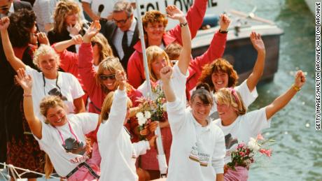 SOUTHAMPTON, ENGLAND - MAY 20: Tracy Edwards (Front) pictured celebrating with the all-women crew onboard the yacht &#39;Maiden&#39; , In 1989-1990 Edwards skippered the first all-female crew in the Whitbread Round the World Yacht Race to two leg victories in their class.  (Photo by Dan Smith/Allsport/Getty Images/Hulton Archive)