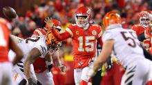 Mahomes throws a pass in the fourth quarter of the AFC Championship against the Cincinnati Bengals. He led his team to a 23-20 victory.