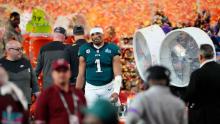 Eagles quarterback Jalen Hurts reacts after the game.