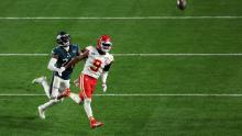 A pass soars over the head of Kansas City wide receiver JuJu Smith-Schuster late in the fourth quarter of the Super Bowl. Eagles cornerback James Bradberry <a href="https://www.cnn.com/2023/02/13/sport/holding-call-super-bowl-lvii-chiefs-eagles-spt-intl/index.html" target="_blank">was called for holding</a> on the play, setting up the Chiefs' game-winning field goal.