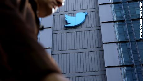 The Twitter logo is displayed on the exterior of Twitter headquarters on October 26, 2022 in San Francisco, California.