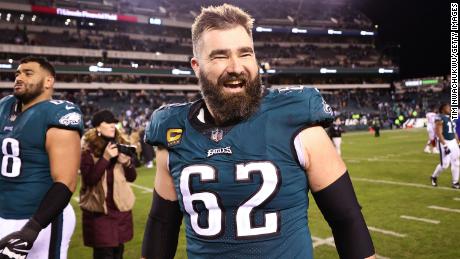 PHILADELPHIA, PENNSYLVANIA - JANUARY 21: Jason Kelce #62 of the Philadelphia Eagles celebrates on the field after defeating the New York Giants 38-7 in the NFC Divisional Playoff game at Lincoln Financial Field on January 21, 2023 in Philadelphia, Pennsylvania. (Photo by Tim Nwachukwu/Getty Images)