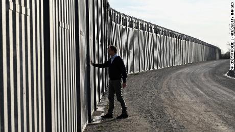 Greek Prime Minister Kyriakos Mitsotakis pictured on March 31, 2023 at a ceremony in Feres marking the extension to the country&#39;s steel fence to stem the flow of refugees.