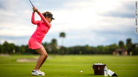 JUPITER, FLORIDA - OCTOBER 02: Bella Simoes warms up on the driving range during The Drive, Chip and Putt Championship Regional Qualifier at The Bear&#39;s Club on October 02, 2022 in Jupiter, Florida. (Photo by James Gilbert/Getty Images for the DC&amp;P Championship)