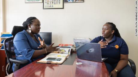 Olive Namazzi, Local Council V Representative for Kampala, interacting with Irene Mwenda, Director of Strategic Initiatives at Pollicy, at the City Hall offices in Kampala, Uganda.

