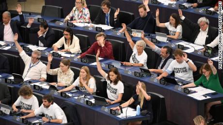 Members of the European Parliament wearing t-shirts reading &quot;Restore Nature&quot; take part in a voting session on EU nature restoration law.