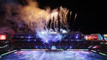 Fireworks explode during the tournament's opening ceremony, which was held before the New Zealand-Norway match.