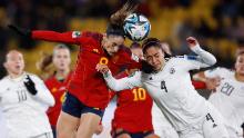 Spain's Esther González wins a header against Costa Rica's Mariana Benavides on July 21. Spain won 3-0.