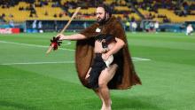A Māori welcoming ceremony is held prior to the Spain-Costa Rica match.