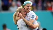 Lindsey Horan, left, celebrates with US teammate Megan Rapinoe after Horan scored the third goal against Vietnam.