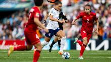 US forward Sophia Smith dribbles the ball against Vietnam. She scored the first two goals of the match.