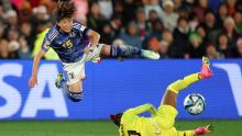 Aoba Fujino of Japan is brought down by Zambian goalkeeper Catherine Musonda, resulting in a penalty to Japan. It was later overturned due to offside.