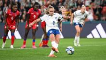 England's Georgia Stanway converts the winner against Haiti from the penalty spot.