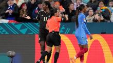 Jamaica's Khadija "Bunny" Shaw is sent off for a second bookable offense against France.