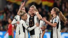 Germany's Alexandra Popp celebrates scoring a goal against Morocco.
