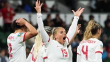 Canadian forward Adriana Leon celebrates after scoring her team's second goal against Ireland.