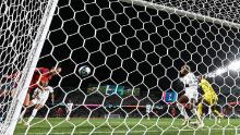 Hermoso, left, scores her first of two goals in the win over Zambia.