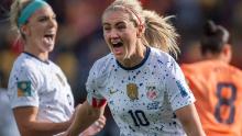 US midfielder Lindsey Horan celebrates after scoring against the Netherlands. It was her second goal of the tournament.