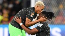 Onome Ebi, left, and Osinachi Ohale celebrate after <a href="https://www.cnn.com/2023/07/27/football/nigeria-australia-womens-world-cup-spt-intl/index.html" target="_blank">Nigeria defeated Australia 3-2</a> on Thursday, July 27. The stunning result means Nigeria has a one-point lead going into its final group game against already eliminated Ireland, while co-host Australia faces a must-win match against Canada.