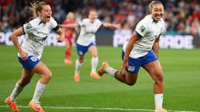 Lauren James celebrates after scoring against Denmark.