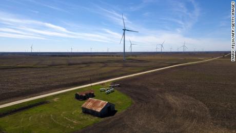 An aerial view shows wind turbines during a tour for the dedication of the Limestone Wind Project in Dawson, Texas, on February 28, 2023. 