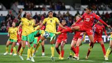 Panama's Aldrith Quintero in action with Jamaica's Deneisha Blackwood and Kameron Simmonds in Perth, Australia, July 29. Jamaica won 1-0.