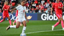 Morocco's Ibtissam Jraidi controls the ball before shooting on goal.