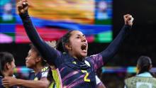 Colombia's Manuela Vanegas celebrates scoring her team's winning goal against Germany.