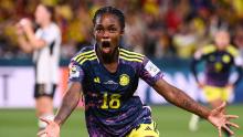 Linda Caicedo celebrates scoring her team's first goal against Germany.
