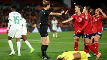 Costa Rican players appeal to referee Bouchra Karboubi before a VAR check on July 31. Zambia beat Costa Rica 3-1. It was Zambia's first-ever win at a Women's World Cup.