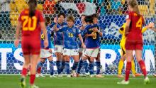 Japanese players celebrate at the end of their <a href="https://edition.cnn.com/2023/07/30/football/nigeria-canada-australia-womens-world-cup-spt-intl/index.html" target="_blank">4-0 victory over Spain</a> on July 31. Both teams are advancing to the round of 16.