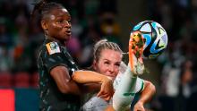 Ireland's Lily Agg, right, battles for the ball with Nigeria's Uchenna Kanu during a 0-0 draw on July 31.