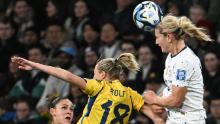 Horan gets to a header against Sweden.