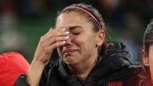 US star Alex Morgan cries after the loss to Sweden.