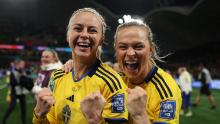 Sweden's Amanda Ilestedt, left, and Fridolina Rolfö celebrate the win.
