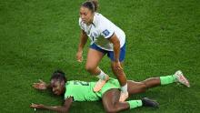 England's Lauren James received a red card in the 87th minute after stepping on Michelle Alozie.