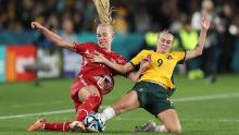 Denmark's Amalie Vangsgaard, left, and Australia's Caitlin Foord compete for the ball during a round-of-16 match on August 7. <a href="https://edition.cnn.com/sport/live-news/england-nigeria-australia-denmark-womens-world-cup-knockout/h_96eb0aafc77d71f7b18c062bbe444f8a" target="_blank">Australia won 2-0</a> to advance to the quarterfinals.