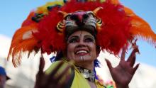 A Colombia fan soaks up the atmosphere before the match in Melbourne.