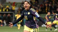 Catalina Usme celebrates after scoring Colombia's goal against Jamaica.