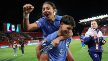 France's Selma Bacha, left, and Élisa De Almeida celebrate on Tuesday, August 8, after a<a href="https://cnn.com/2023/08/07/football/colombia-jamaica-france-morocco-womens-world-cup-spt-intl/index.html" target="_blank"> 4-0 victory against Morocco</a> in the round of 16.