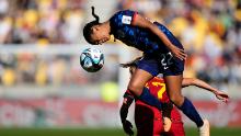 Esmee Brugts of the Netherlands goes for a header against Spain.