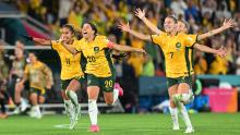 Australian players celebrate after winning a <a href="https://www.cnn.com/2023/08/11/football/australia-france-england-colombia-womens-world-cup-quarterfinal-spt-intl/index.html" target="_blank">dramatic penalty shootout</a> against France on August 12. The shootout was decided on the 20th kick.